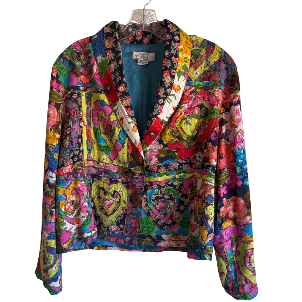 Sandy Starkman Art Jacket M Quilted Patchwork Hearts Floral Rayon Boho VTG